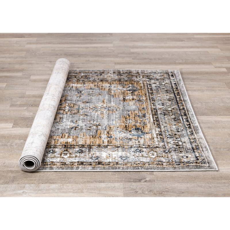 Sheffield Collection - Grey/Beige/Blue Border Rug
