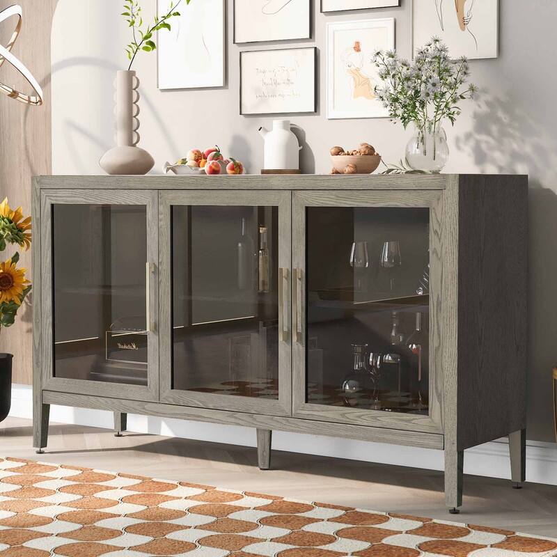 Wood Storage Cabinet with Three tempered glass doors and Adjustable Shelf