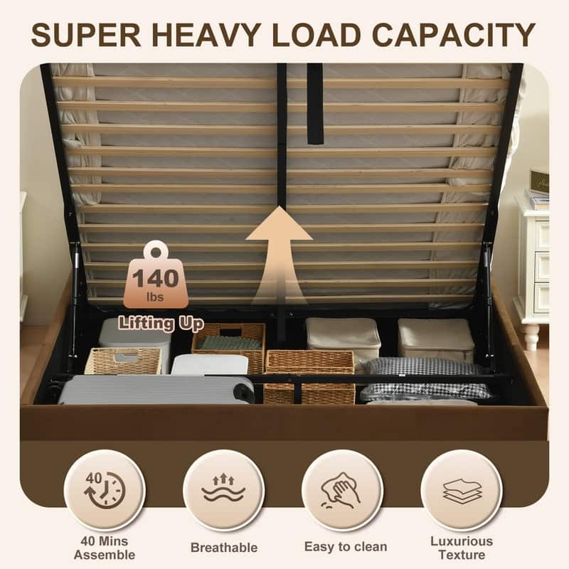 Modern Upholstered Lift-Up Storage Platform Bed with Headboard