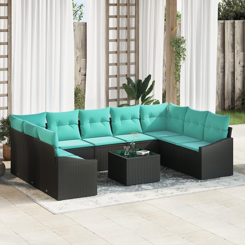 vidaXL 10 Piece Garden Sofa Set with Cushions - 113.8×70.3×27.2 - Black-with table