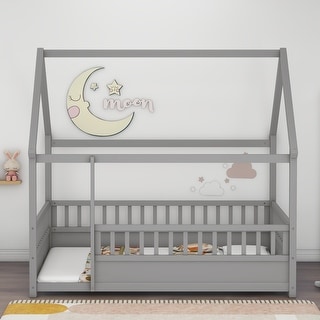 Full Size Floor Bed Wooden House-shaped Bed Frame with Fence Guardrails & Roof, Full Size Montessori Bed for Kids Boys Girls