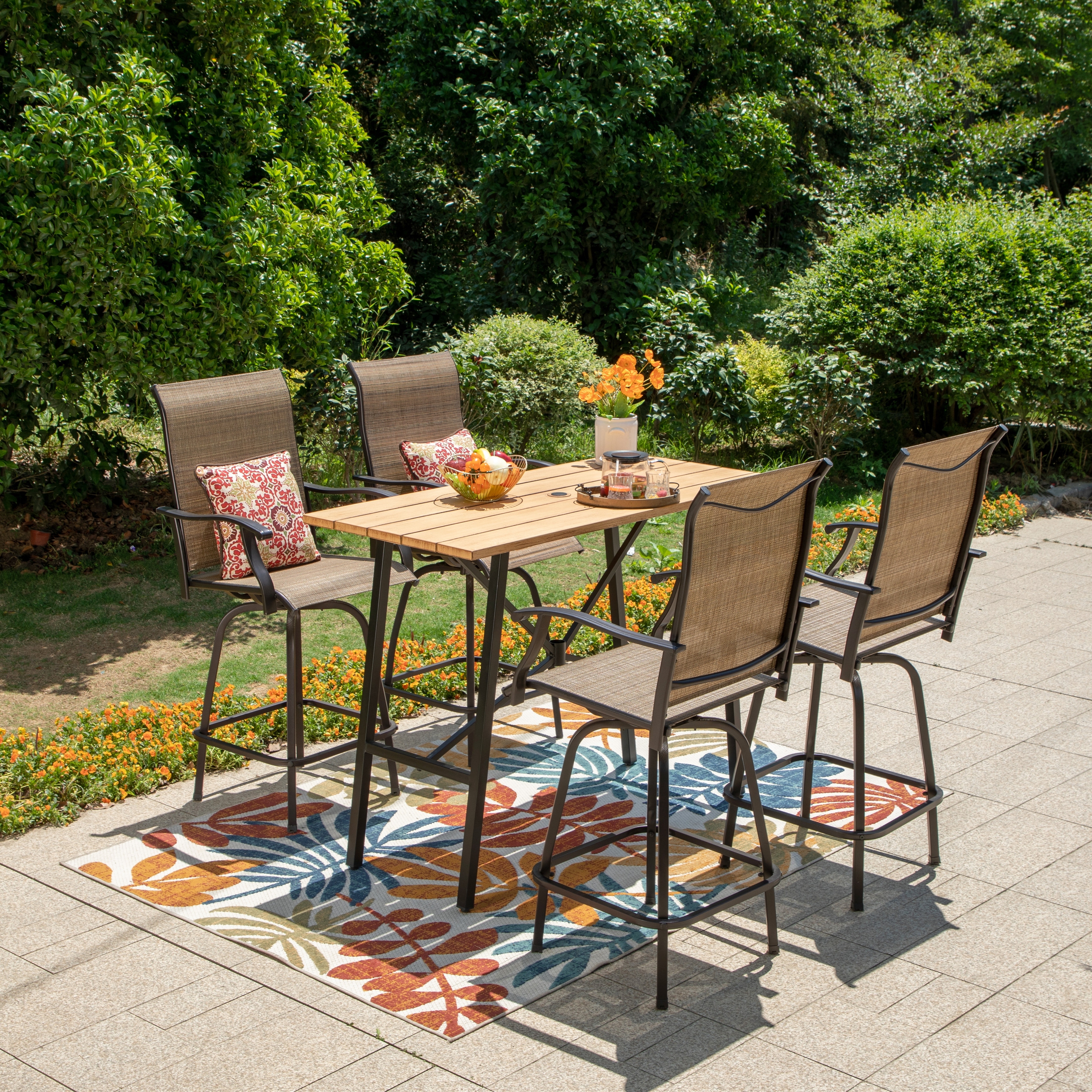 5 Piece Patio Bar Stool Set Wood grain Bar Table Textilene