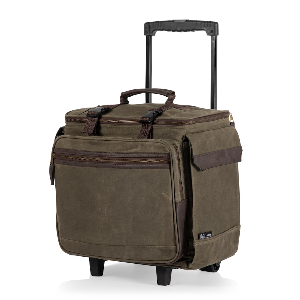 Legacy Somm 12 Bottle Insulated Wine Bag with Rolling Cart, (Khaki Green with Brown Accents)