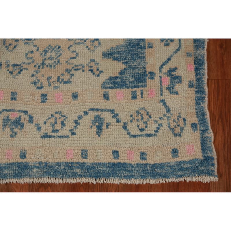 Hand Knotted Oriental 100% Wool Carpet Transitional Geometric Navy Blue & Blues Oushak Runner Rug - 9' 4'' X 3' 0''