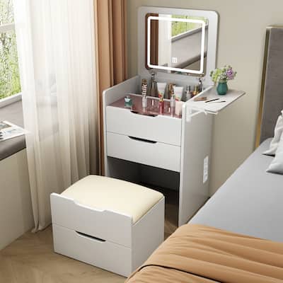 3-in-1 Makeup Vanity with Mirror,Hidden Stool,Charging Station,Lights