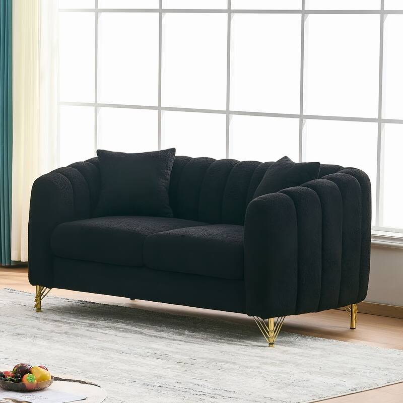 Chenille Upholstered Loveseat, Tufted 2 Seater Deep Seat Couch, Lounge Sofa Chair with Metal Legs for Living Room, Bedroom - Black