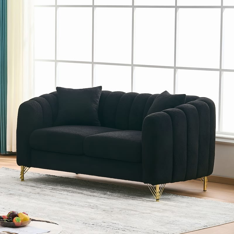 Roomfitters 63" Modern Teddy Fabric Loveseat with Gold Legs, Channel Stitched 2-Seater Sofa for Small Spaces