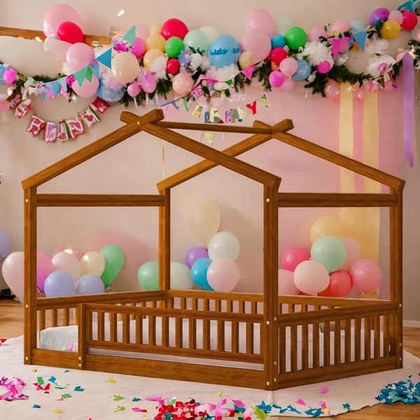 slide 2 of 9, Kids and Baby Full Size Wood Bed House Bed Frame With Fence Walnut