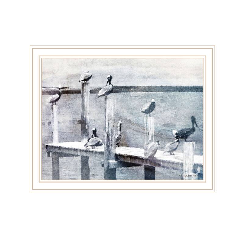 TrendyDecor4U Contemporary "Birds on the Pier" Framed Print Wall Art - White