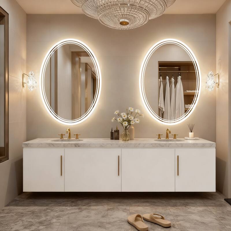 UL Certified Oval LED Bathroom wall Mirror, Anti-fog, 3-Color Dimmable