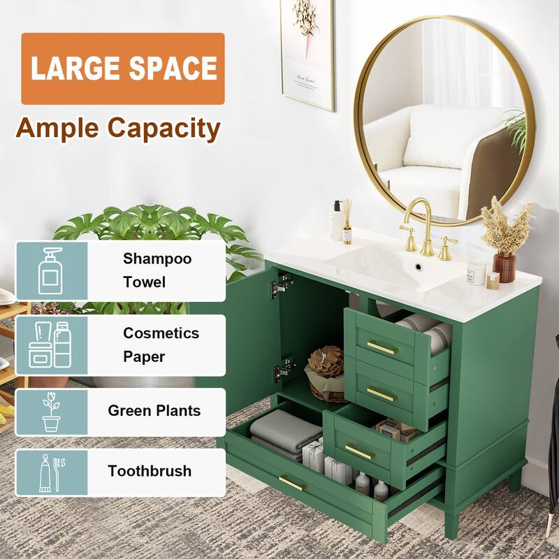 36" Bathroom Vanity with Ceramic Sink,Solid Pine Frame
