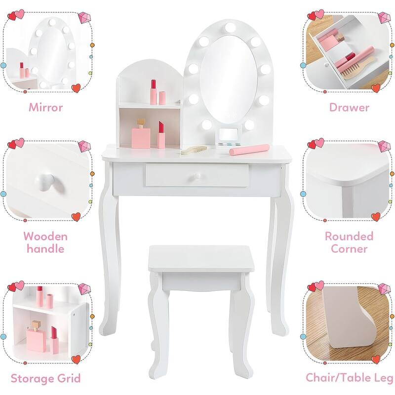 Kids Vanity Dressing Table Toy, Princess Makeup Desk Set with Light