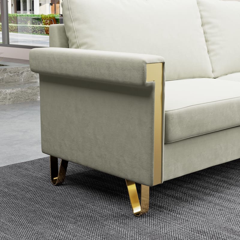 Stylish 76.34" Velvet Sofa with Gold Metal Accents - Mid-Century Modern 2-Seat Couch for Small Living Spaces.