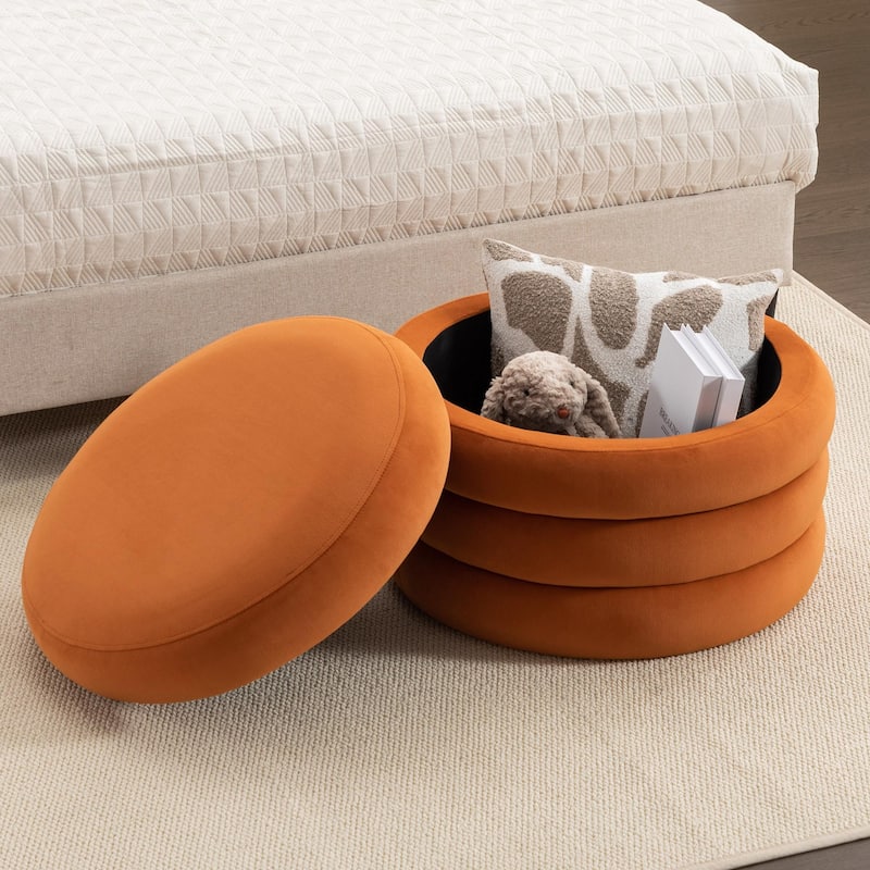 Velvet Storage Ottoman Footstool with Wooden Shelving