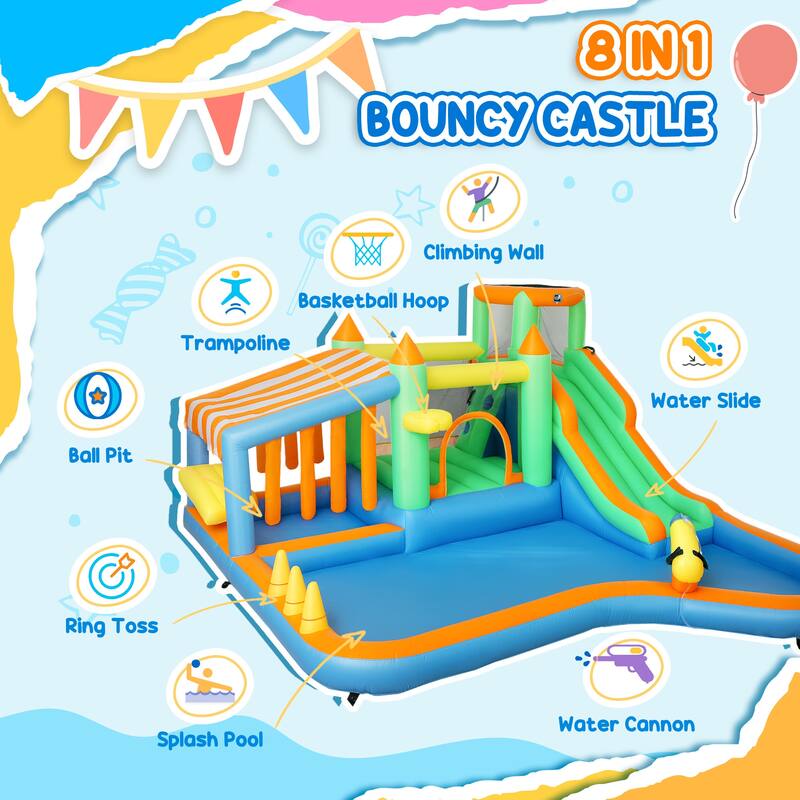 7-in-1 Inflatable Water Park with Slide, Splash Pool, Ball Pit, Trampoline, Climbing Wall & Basketball Hoop
