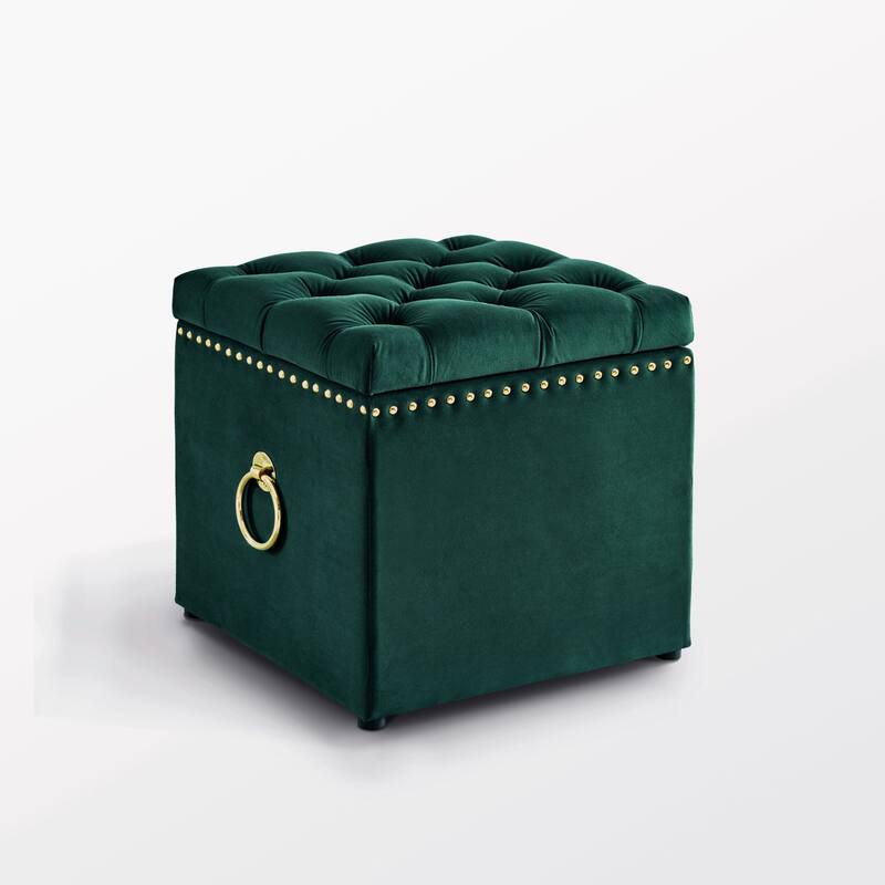 HomeRoots 18" Hunter Green Velvet And Black Tufted Storage
