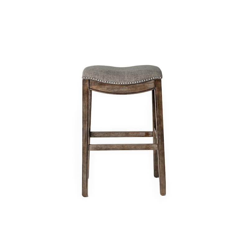HomeRoots 31" Gray and Brown Fabric and Solid Wood Backless Bar Height Bar Chair