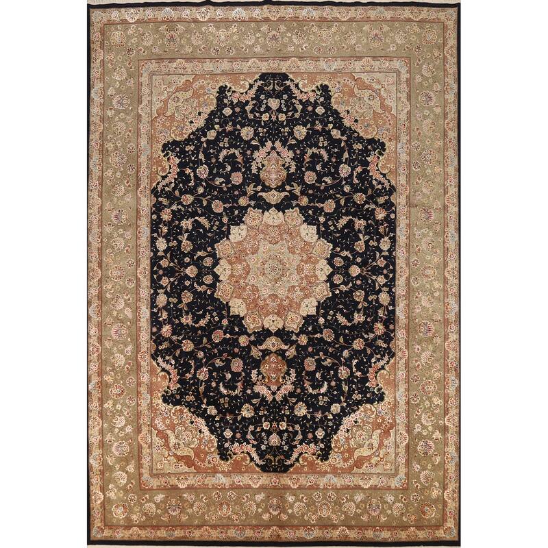 Vegetable Dye Floral Tabriz Chinese Rug Handmade Wool and Silk Carpet - 9'1" x 12'1"