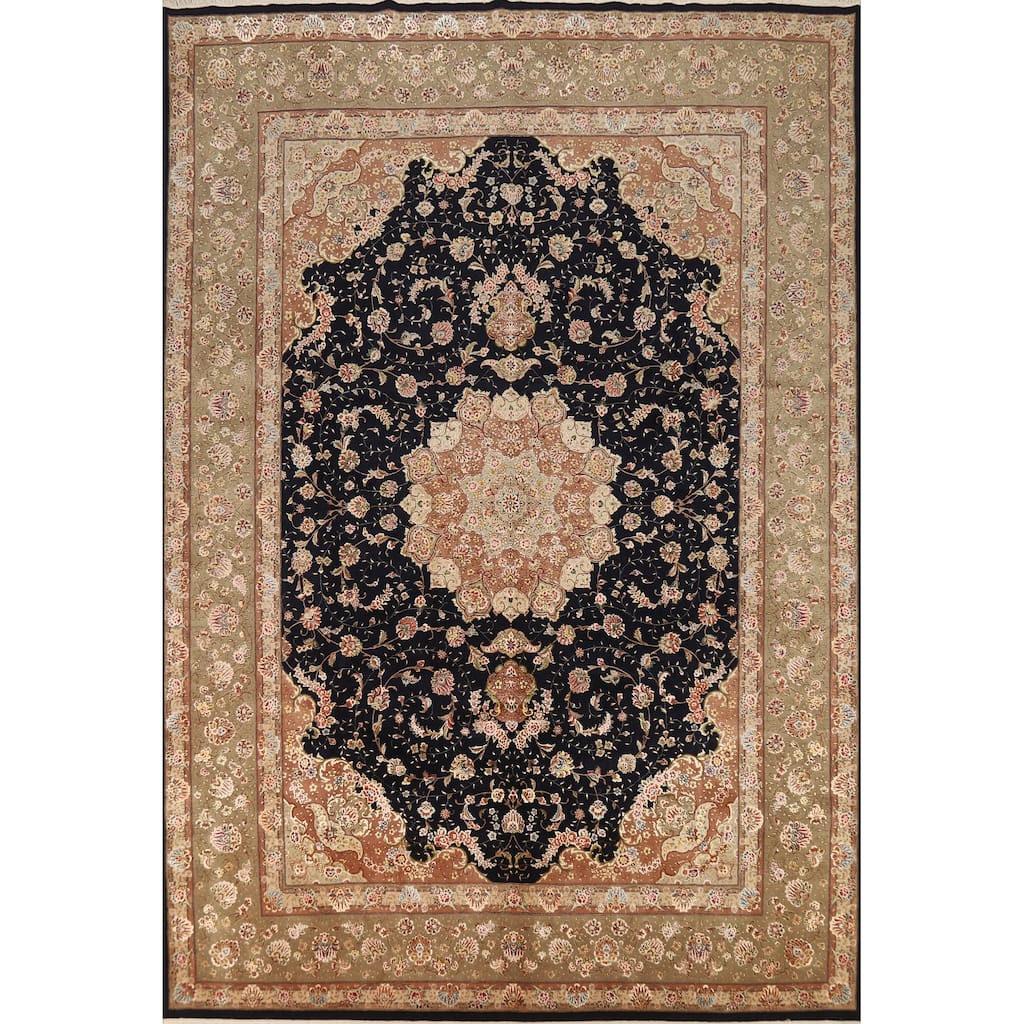 Vegetable Dye Floral Tabriz Chinese Rug Handmade Wool and Silk Carpet - 9'1" x 12'1"