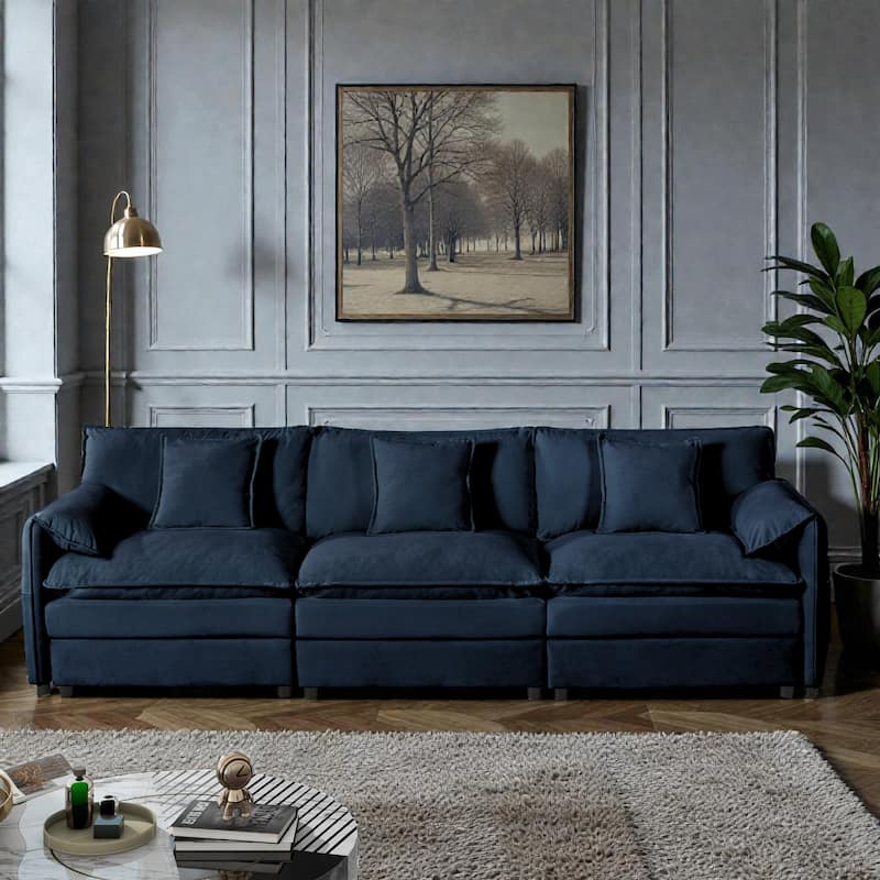 Oversized Deep Seat Sectional Sofa, Modern Chenille Cloud Couch, 3 Seater Modular Sofa with Pillows - Blue