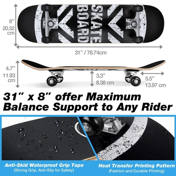 31 x 8 inch Complete Skateboard for Kids Teens Adults