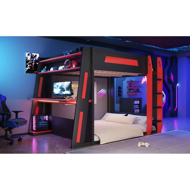 Roomfitters Queen Over Queen Gaming Bunk Bed with Desk, Storage Shelves and LED