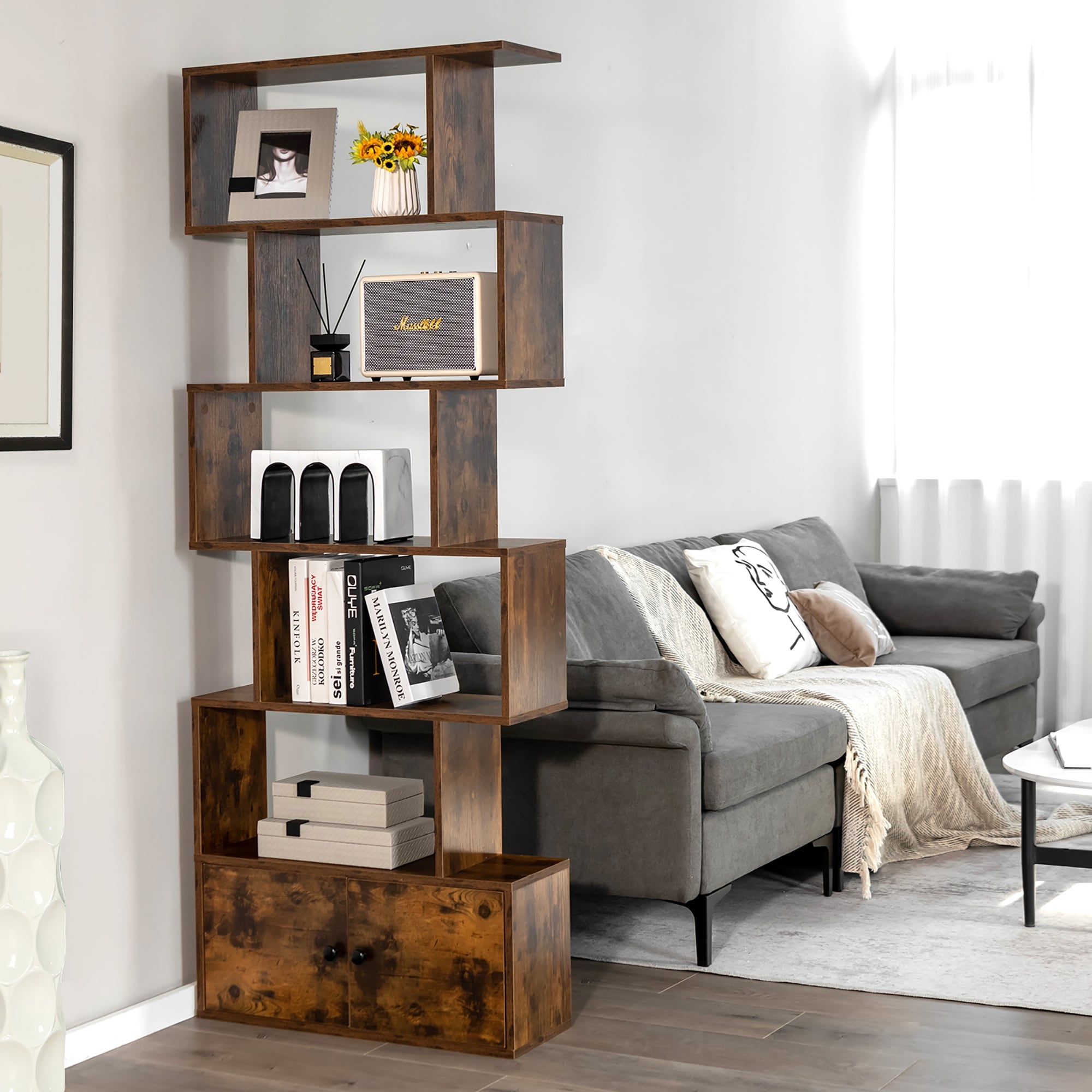 6-Tier S-Shaped Bookshelf Rustic Brown/White Storage Rack