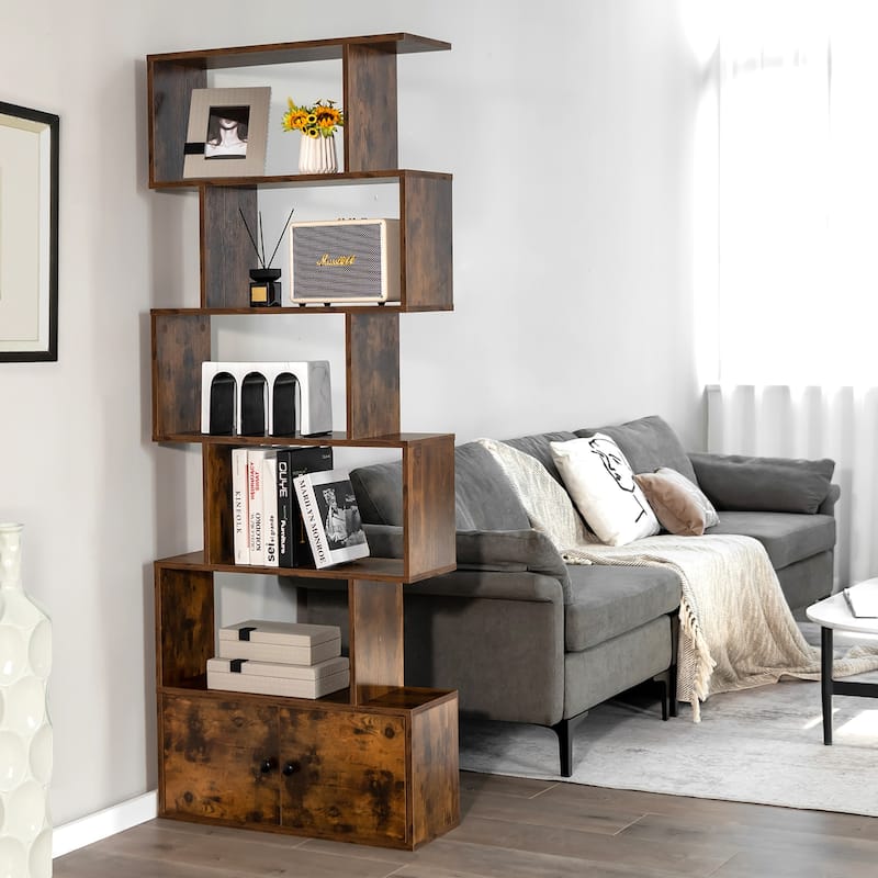 6-Tier Bookshelf S-Shaped Bookcase Storage Rack Rustic Brown/White