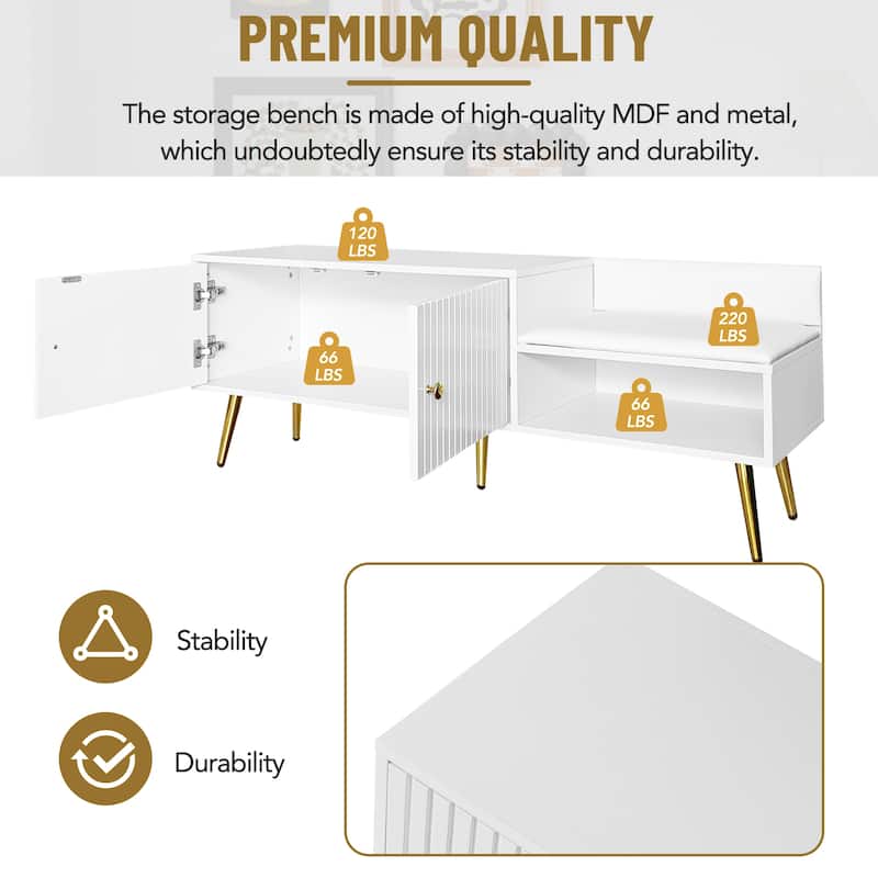 Upholstered Storage Bench with Hidden Storage,Metal Handles and Legs