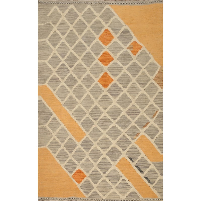 Hand Woven Oriental 100% Wool Carpet Southwestern Tribal Greys & Charcoal Kilim Area Rug - 4' 10'' X 3' 3''