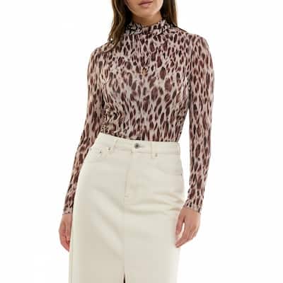 Nicole Miller Leopard Print Mesh Mock Neck Top
