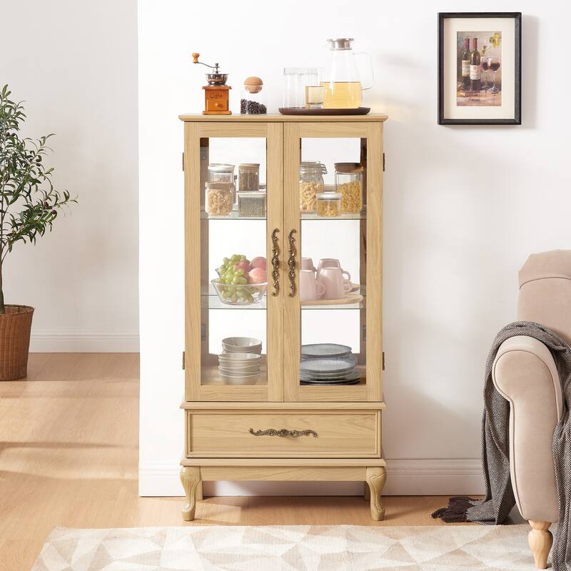 Lighted Curio Cabinet, Multipurpose Glass Display Cabinet, Corner China Cabinet with Adjustable Shelves, 2 Doors & 1 drawer