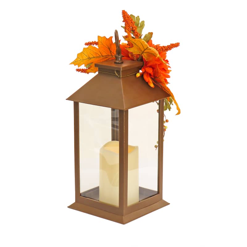 National Tree Company 14 in. Mum Flower and Berries Decorated Harvest Lantern - 14 in