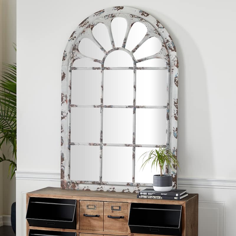 White Metal Window Pane Inspired Room Wall Mirror with Arched Top - White