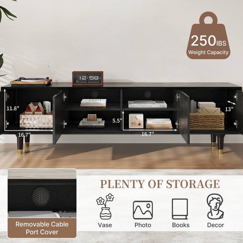 71" Black Mid-Century Modern TV Stand for 75 Inch TV, Media Console Entertainment Center with 4 Doors and Solid Wood Legs