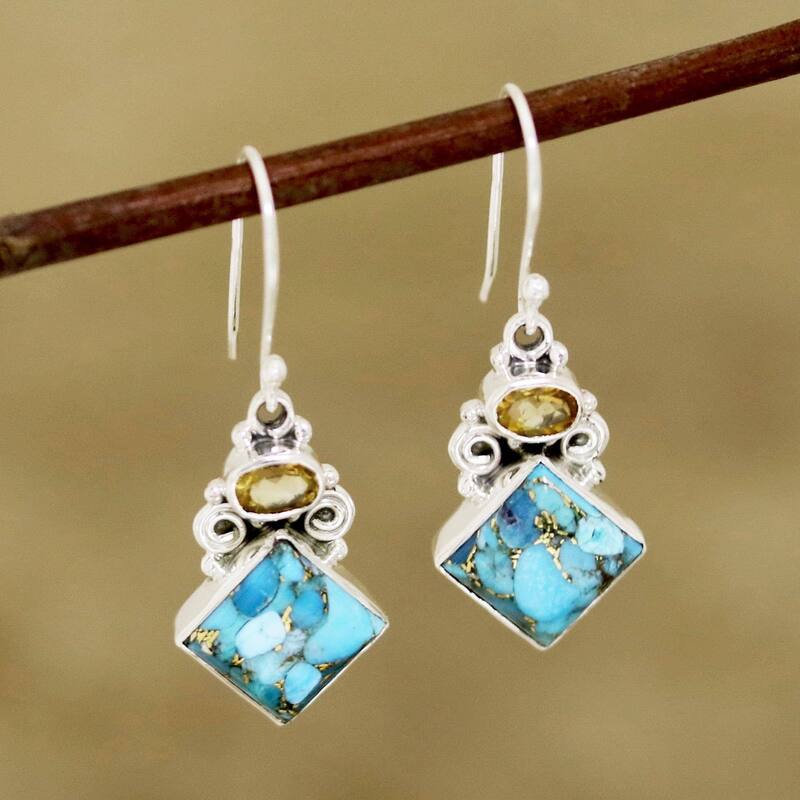 NOVICA Sky Fragments, Citrine and composite turquoise dangle earrings - 1.5*0.6