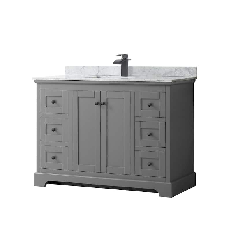 Wyndham Collection Avery 48" Free Standing Single Basin Vanity Set - Dark Gray / White Carrara Marble Top / Matte Black - Steel Finish