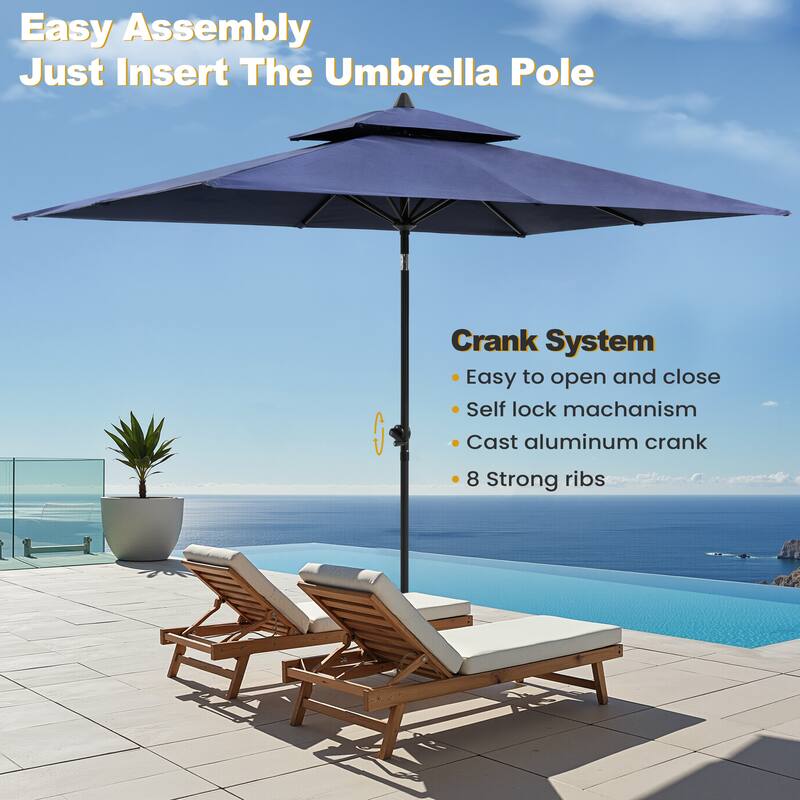 9-Piece Outdoor Patio Dining Set Wood Like Aluminum Umbrella Hole Table with Stackable Chairs, Market Umbrella and Wheel Base