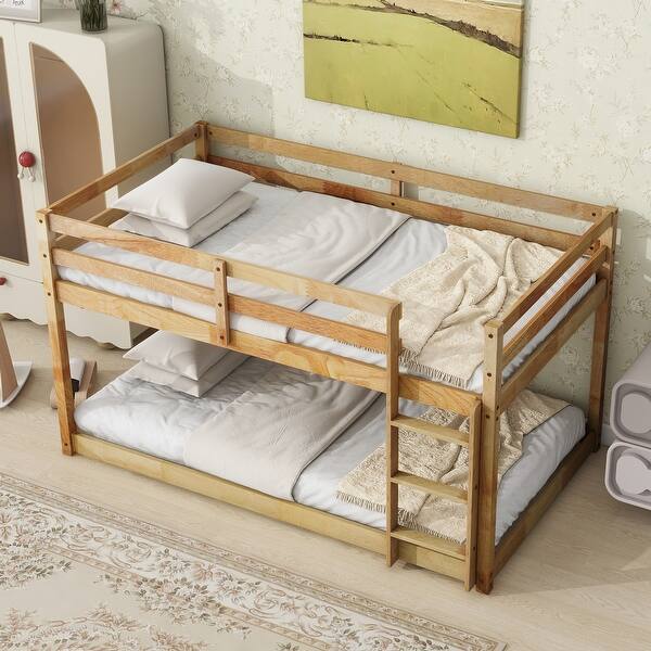 slide 2 of 10, Wooden Twin over Twin Loft Bed with Ladder, Upper and Bottom Bed Platforms crafted with Strengthened Slats, Natural
