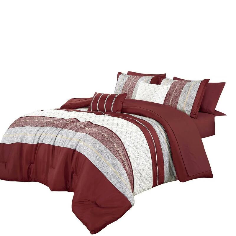 9 Piece Bed-in-a-Bag Red White Striped Soft Bedding Comforter Set