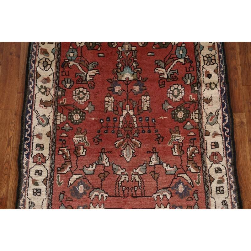Hand Knotted Oriental 100% Wool Carpet Traditional Geometric Red Hamedan Runner Rug - 10' 2'' X 3' 2''
