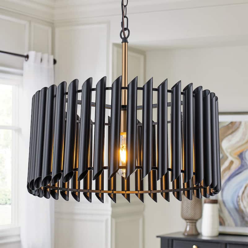 Modern Industrial Black Slatted Drum Pendant Light Fixture - Dia.19.69-in - Dia.19.69-in