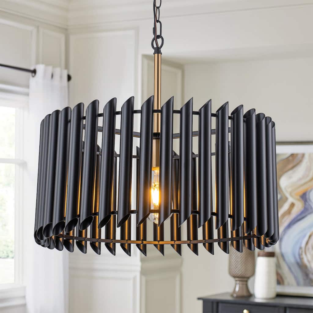 Modern Industrial Black Slatted Drum Pendant Light Fixture - Dia.19.69-in