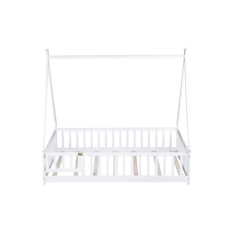 Roomfitters Twin/Full Tent-Shaped Floor Bed with Teepee Frame, Rubber Wood Platform with Guardrails, Slats and Door