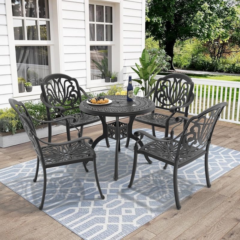 3/5-Piece Cast Aluminum Outdoor Dining Set with 31.5 in. Round Table and Seat Cushions