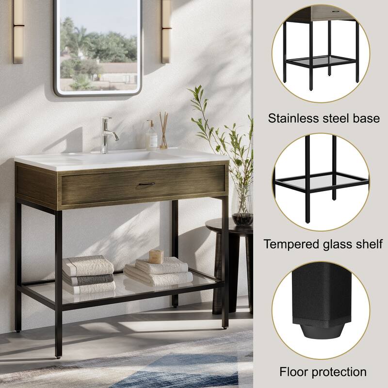 Ansel Freestanding Bathroom Vanity with Single Sink, One Glass Shelf, Metal Legs