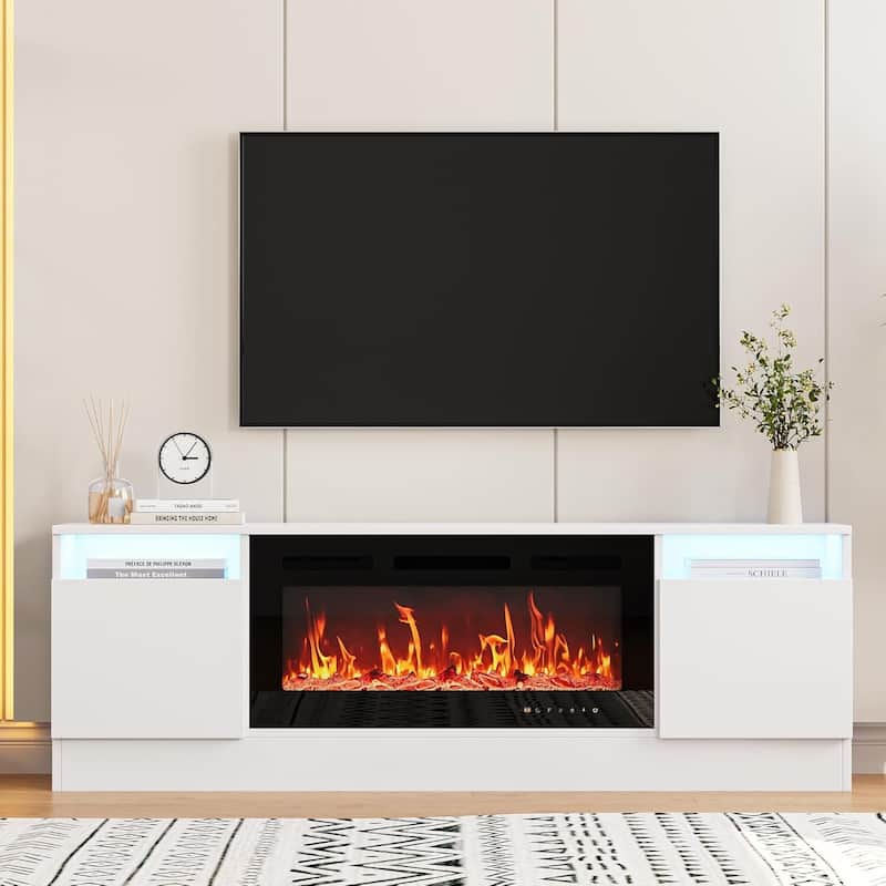 TV Stand with Storage Cabinet, Fits Into 36'' Electric Fireplace (Not Included Fireplace) - N/A - White