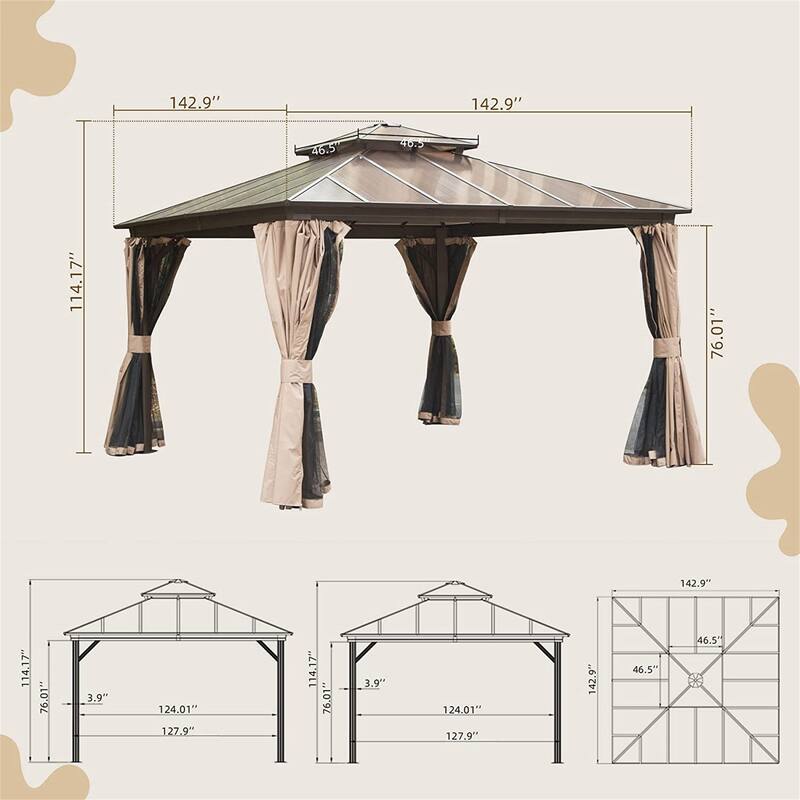 GDFStudio - Everett Permanent Outdoor Gazebo Pavilion with Double Roof and Full Privacy Setup