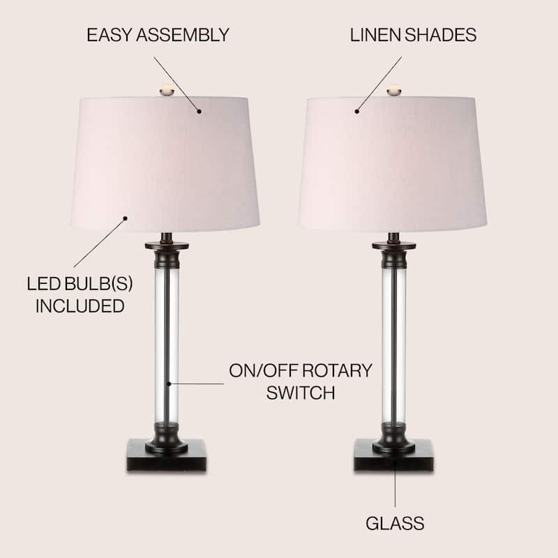 Fraser 30" Glass and Metal LED Table Lamp, Black/Clear (Set of 2) by JONATHAN Y