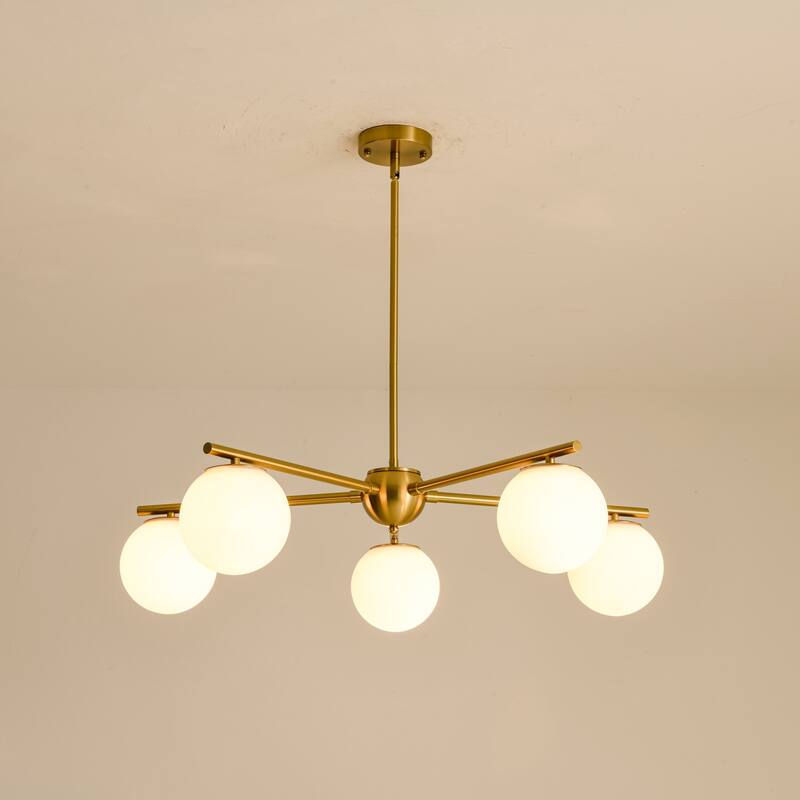 5-Light Brass Globe Chandelier, Modern Mid-Century Pendant for Living Room & Dining Room - 5 Light - Gold - 5 Light